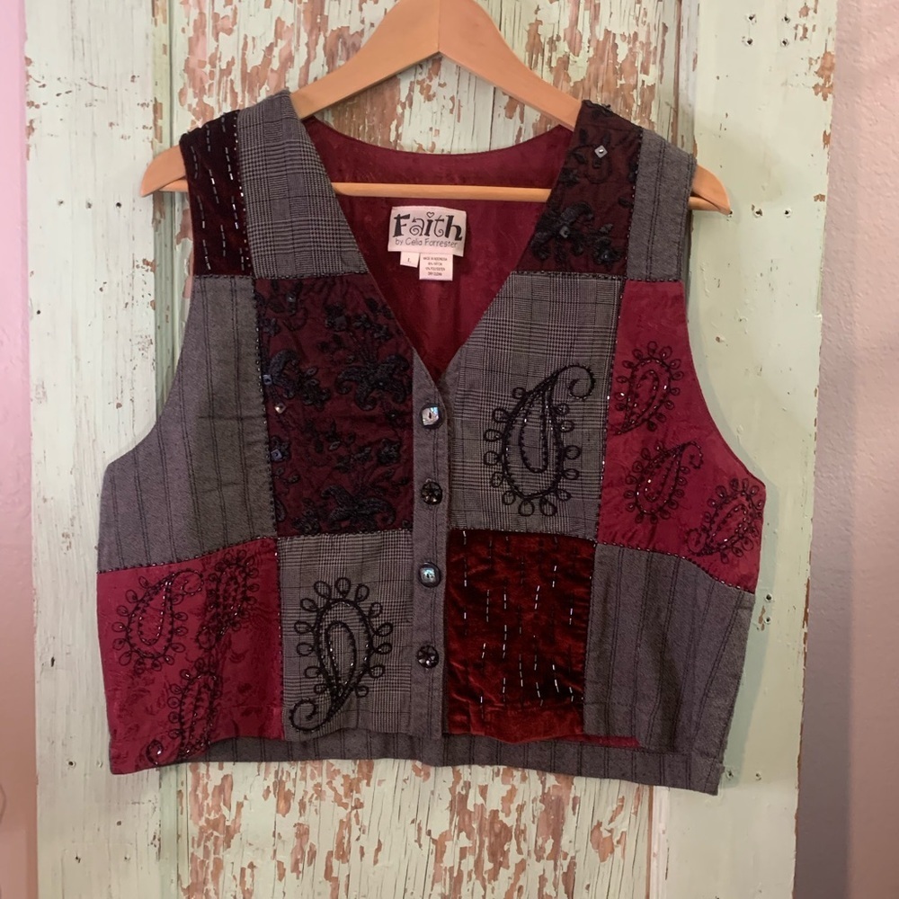Women’s Faith grey & burgundy paisley patchwork button-up vest w/ sequin details